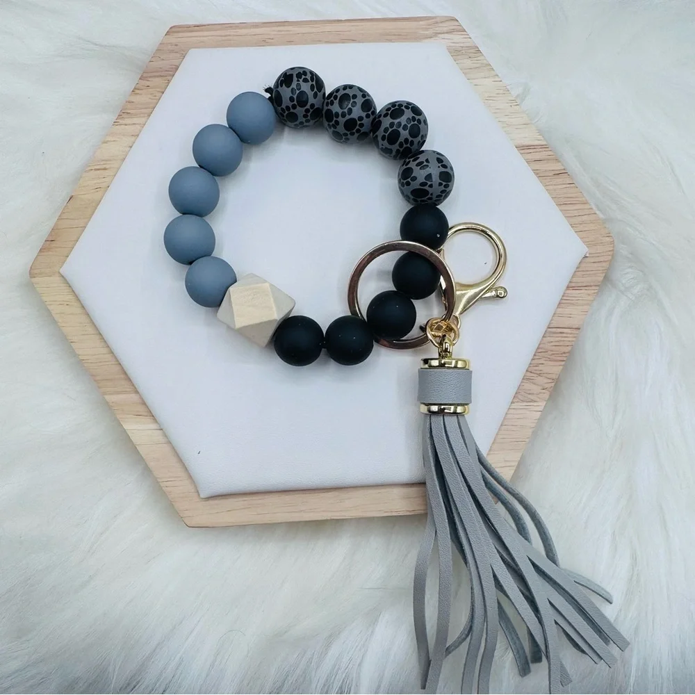 Paw Print Gray & Black Beaded Bracelet w/ Keychain & Tassel